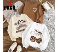 3 pièces/set Sweats à capuche pour filles avec poignets et ourlet côtelés, pulls décontractés, printemps/automne 8Y,9Y,10Y,11Y,12YGéométrique,Lettres,Fruits & légumesPolyester