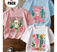 3 pièces/Set T-shirt à col rond à manches courtes style vintage western pour filles préadolescentes en été, imprimé mignon de cactus, fleurs, crâne de taureau et bottes de cowboy, top décontracté, dis