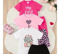 3 pièces/Set T-shirt à manches courtes et short basique pour fille pré-adolescente, imprimé léopard, cœur, caméra, fleur et lettre, tenue décontractée et mignonne 8Y,9Y,10Y,11Y,12YCartoon,Géométrique,