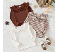 3 pièces/set T-shirt à manches longues rayé avec col Peter Pan élégant pour bébé fille, convient pour l'extérieur et les vacances, 4 saisons 6-9M,9-12M,12-18M,18-24M,2-3YGéométriqueTricot côtelé