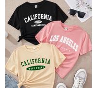 3 pièces/set T-shirt court à col ras du cou imprimé "CALIFORNIA LOS ANGELES" style minimaliste décontracté, coupe ajustée, adapté pour l'été, pour femmes L,M,S,XL,XS,XXL,XXS,XXXL,XXXXLLettresTissu tri