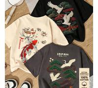 3 pièces/Set T-shirt d'été nouveau en pur coton mode imprimé grue & poisson koï combinaison décontracté col rond manches courtes, T-shirt polyvalent pour femmes L,M,S,XL,XS,XXLAnimalCoton