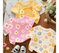 3 pièces/set T-shirts à col ras du cou manches courtes décontractés pour bébé fille avec imprimés graphiques crème, rayés, jaune soleil, fleur dopamine, visage, fleur au crochet. Convient pour le port