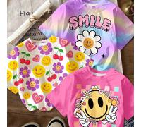 3 pièces/Set T-shirts à la mode pour jeune fille avec visage de dopamine & fleurs,Ciel étoilé rose tie-dye,Manches courtes,Col rond,Hauts pour l'école,L'été,Décontracté 6Y,7Y,8Y,4Y,5Y,2-3YCartoonÉtoff