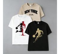 3 pièces/set T-shirts à manches courtes col rond décontractés pour adolescents garçons avec imprimé lettres New York City et silhouette de basket-ball 14Y,13Y,16Y,15YCartoon,Géométrique,LettresÉtoffe
