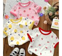 3 pièces/set T-shirts à manches courtes col rond imprimés de fruits mignons - cerises, citrons, pêches - pour jeune fille en vacances d'été, convenant pour le printemps et l'été - "Fille cerise, mi-pa