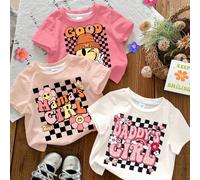 3 pièces/set T-shirts à manches courtes col rond pour bébé fille, style décontracté et mignon avec imprimés à carreaux, "Fille de maman", "Fille de papa", "De bonne humeur". Convient pour les vêtement