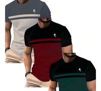 3 pièces/set T-shirts à manches courtes pour hommes avec imprimé rayures et éclairs, séchage rapide, respirant, absorbant l'humidité, t-shirts d'été décontractés L,M,S,XL,XXLPolyester