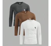 3 pièces/set T-shirts à manches longues col rond avec imprimé logo centaure, couleur unie, style décontracté pour adolescents garçons. Design classique minimaliste polyvalent, convient pour la maison,