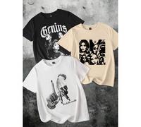 3 pièces/set T-shirts ajustés pour femmes à manches courtes, col rond, avec motifs minimalistes de visages et de gestes. Légèrement transparents, convient pour l'été et la rentrée scolaire L,M,S,XL,XS