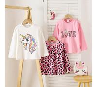 3 pièces/set T-shirts avec imprimé léopard pour jeunes filles, hauts combi imprimé licorne arc-en-ciel et léopard mignons, t-shirts à manches longues et col rond pour port quotidien ou couches automne