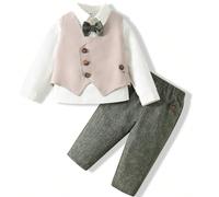3 pièces/Set Tenue de gentleman élégante pour bébé garçon, comprenant un polo à manches longues, un gilet kaki et un pantalon vert. Convient pour Pâques, mariage, baby shower, 1er anniversaire 6-9M,9-