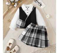 3 pièces/Set Tenue de style scolaire pour filles, chemise blocs de couleurs, jupe à carreaux, mini sac à dos, pour 4-7 ans, printemps/automne 6Y,7Y,4Y,5YCarreauPolyester