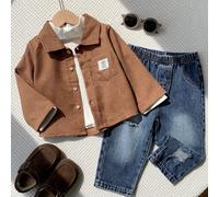 3 pièces/Set Tenue décontractée automne/hiver pour bébé garçon comprenant un t-shirt intérieur, une chemise blanche à col mi-Top et un jean en denim, ensemble chemise, ensemble veste, ensemble denim, 