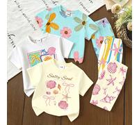 3 pièces/set Tenue d'été pour bébé fille avec t-shirt à manches courtes col rond imprimé fleurs, soleil, coquillages, palmiers et nœud étoile, assorti avec short imprimé. Tenue douce et confortable, p
