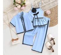 3 pièces/set Tenue jeune fille avec bordure jaune vif et noire, comprenant une robe-brassière, une veste à manches courtes et un pantalon large. Polyvalente pour le quotidien, l'école, le parc, le mar