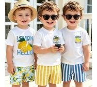 3 pièces/set Top à manches courtes doux avec imprimé citron et short imprimé à la mode pour bébé garçon. Tenue décontractée pour les vacances, convient pour la photographie, le port quotidien, les sor