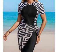 3 pièces/set Top à manches courtes imprimé, short et cache-maillot pour femmes du Moyen-Orient L,M,S,XLGéométriquePolyester,Tissu du maillot de bain