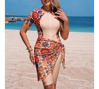 3 pièces/set Top à manches courtes, short et cache-maillot avec imprimé floral pour femmes du Moyen-Orient L,M,S,XLFloralPolyester,Tissu du maillot de bain