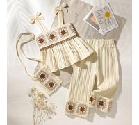 3 pièces/set Top de Camisole Floral au Crochet et Pantalon à Jambes Droites Décontracté Vacances Campagne Douce pour Bébé/Petite Fille 6-9M,9-12M,12-18M,18-24M,2-3Y,3-6MFloral,PlantesPolyester