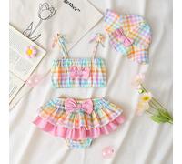 3 pièces/Set Top de réservoir mignon à imprimé à carreaux, brassière et pantalon triangulaire avec ensemble de chapeau pour bébé/bébé fille 6-9M,9-12M,12-18M,18-24M,3-6MCarreau,Tie dyePolyester