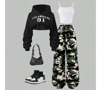 3 pièces/Set Top sweat-shirt, débardeur et pantalon décontracté à ourlet à cordon de serrage avec motif camouflage. Convient pour les adolescents, pour un port quotidien au printemps/automne 14Y,12Y,1