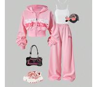 3 pièces/set Veste décontractée et confortable de style sportif pour l'extérieur, avec fermeture éclair et imprimé, en tissu tricoté ample. Convient aux adolescents, couleur unie rose 14Y,13Y,16Y,15YB