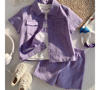 3 pièces/Set Vêtements pour bébé garçon unisexe Été Décontracté Mignon T-shirt blanc à lettres, Chemise col violet et Short décontracté violet, Convient pour Anniversaire, Rave, Soirée, Représentation