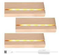3 Pièces Socle Lumineux Led Bois, Bases d'éclairage LED Rectangulaires en Bois, Base Led Lumineuse Support LED avec Interrupteur Usb pour cristal plaque acrylique de 3 mm d'épaisseur
