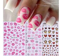 3 pièces Stickers pour ongles de la Saint-Valentin - Stickers d'ongles avec baiser de lèvres roses, décalcomanies de cœurs imprimés léopard, décorations d'art pour ongles 3D autocollantes pour les ong