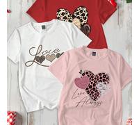 3 pièces T-shirt à manches courtes avec motif cœur imprimé léopard pour femmes, tops décontractés. Ensemble de t-shirts imprimés graphiques à motif guépard pour la Saint-Valentin pour femmes L,M,S,XLC