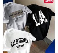 3 pièces - T-shirt col rond à manches courtes avec imprimé de monuments pour garçons, convient pour le port quotidien des garçons, top d'été à la mode pour garçons 6Y,7Y,8Y,9Y,10Y,14Y,11Y,12Y,13YLettr