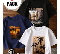 3 pièces T-shirts à col ras du cou imprimés décontractés pour garçons, vêtements d'été pour étudiants et jeunes - Le t-shirt avec l'imprimé de palmiers au coucher de soleil apporte de la joie et du bo