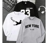 3 pièces T-shirts à manches longues pour adolescents garçons, styles décontractés d'automne et d'hiver, mode créative personnalisée avec impression graphique rafraîchissante du numéro 23 et silhouette