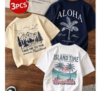 3 pièces T-shirts graphiques style vacances pour femmes, coupe ample à manches courtes col rond, légers et respirants, imprimés avec "ALOHA", "ISLAND TIME", "TAKE ME TO THE MOUNTAINS" etc., T-shirts d