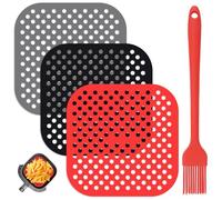 3 Pièces Tapis de Doublure de Friteuse à Air 21.5 Cm Tapis pour Friteuse à Air Réutilisables Tapis de Friteuse à Air en Silicone avec Brosses, Carrés Tapis Air Fryer pour Four, Friteuse à Air Chaud