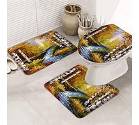 3 pièces tapis de salle de bain ensemble tapis de bain rêveur forêt bleu rivière eau bleu ciel blanc nuages peinture à l'huile ultra doux contour tapis et couvercle pour baignoire douche et salle de