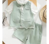 3 pièces Tenue de jeune garçon de type gentleman - Chemise blanche à manches courtes, gilet et short vert clair, convient pour le printemps/été, idéal pour un anniversaire, un baptême, un 1er annivers