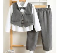 3 pièces Tenue de jeune homme élégant : Gilet gris, pantalon à taille élastique, nœud papillon et chemise à manches longues, mignon pour le printemps/été 6Y,7Y,8Y,4Y,5Y,2-3YRayéPolyester
