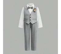 3 pièces Tenue de jeune homme élégant : gilet kaki, pantalon à taille élastique, nœud papillon et ensemble de chemise à manches longues, printemps/été 6Y,7Y,4Y,5YRayéPolyester