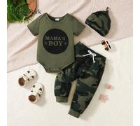 3 pièces Tenues d'été pour bébé garçon MAMA'S B0Y, comprenant un haut confortable à manches courtes imprimé lettre, un pantalon camouflage et un chapeau 6-9M,9-12M,1-3M,3-6MBlocs de couleur,Lettres,Mi