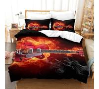 3 Pièces Thème de musique Fire Rock Couvertures Quilt 3D Printed Brûler la guitare Couette Ensemble De Linge De Lit Et Coussins Douce Et Confortable Pour Enfants Garçons Filles Double(200x200cm)