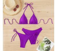 3 pièces Top sans dos à col montant de couleur unie + Bas de bikini triangle + Short de bain à nouer sur les côtés, Ensemble de bikini sexy pour femmes pour l'été à la plage L,M,S,XL,XS,XXSÉtoffe