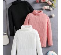 3 pièces Tops à col roulé à manches longues simples pour jeune fille, sous-chemises décontractées en tricot côtelé blanc, rose et noir pour un usage quotidien. Vêtements chauds et coupe-vent pour l'ex