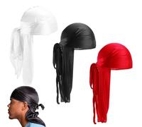3 Pièces Turban unisexe à longue queue pour homme et femme Style hip-hop et décoration quotidienne Plusieurs,Durags en Soie, Casquette Soyeuse 360 Degrés Wave Bandana Pirate,Noir + blanc + rouge