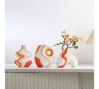 3 pièces Vase à fleurs en céramique texturée de couleur Morandi, décoration de bureau à domicile abstraite avec ligne, vase en verre pour décoration de pièce Ruban jaune et orange à chevrons,Ruban jau