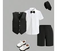 3 pièces Veste sans manches style décontracté scolaire pour garçon préadolescent, chemise à col rabattu à manches courtes avec nœud papillon, et short tissé, ensemble 3 pièces, tenue de gentleman conv