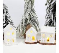 3 Pièces Village de Noel Lumineux en Bois, Maison Village de Noel Miniature LED, Maison de Neige Hiver Blanc, Deco Noel en Bois Lumineuse, Décoration de Table Noël à Pile