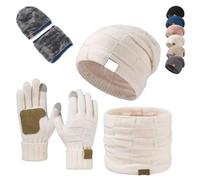3 Pieces Winter Warm Hat Set,Windproof Knit Cap,Neck Warmer and Gloves,Thicken Stretchy Thermal Accessories for Cold Weather (White)