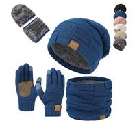 3 Pieces Winter Warm Hat Set,Windproof Knit Cap,Neck Warmer and Gloves,Thicken Stretchy Thermal Accessories for Cold Weather (Blue)